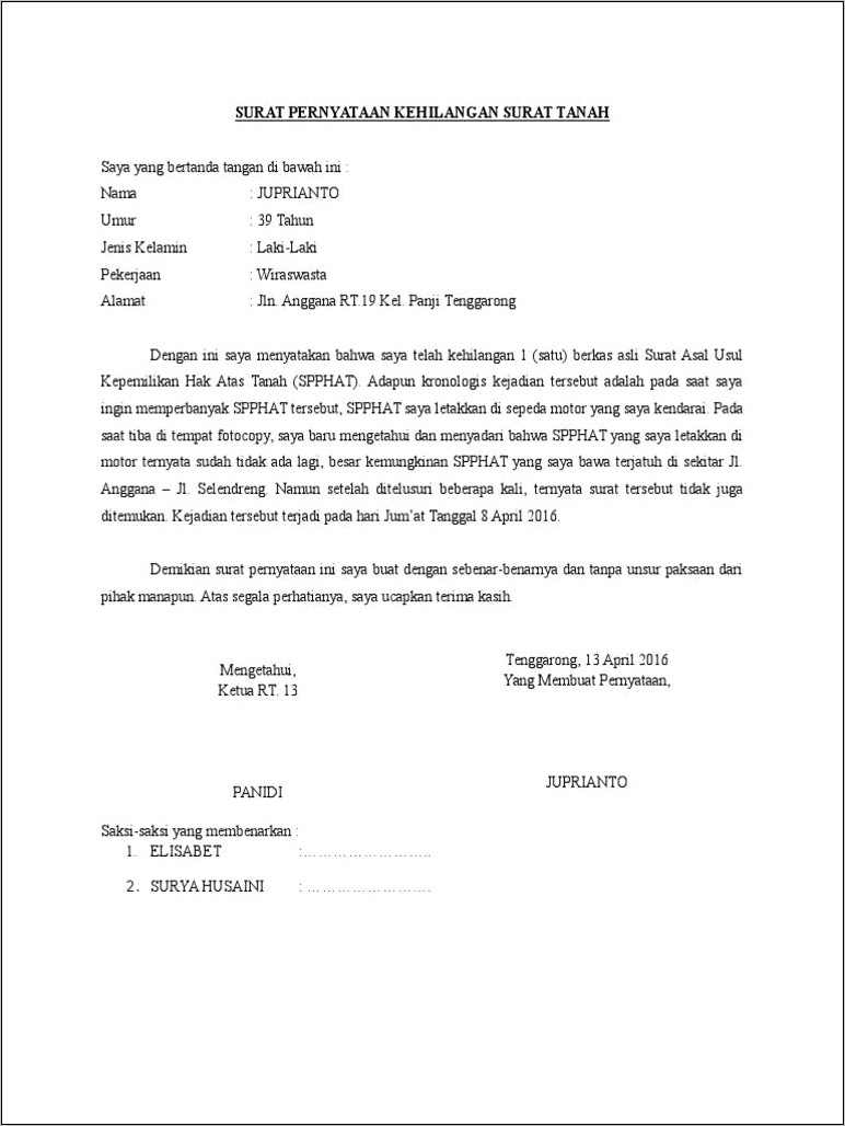 Contoh Surat Pernyataan Tanah Ajb Yg Hilang