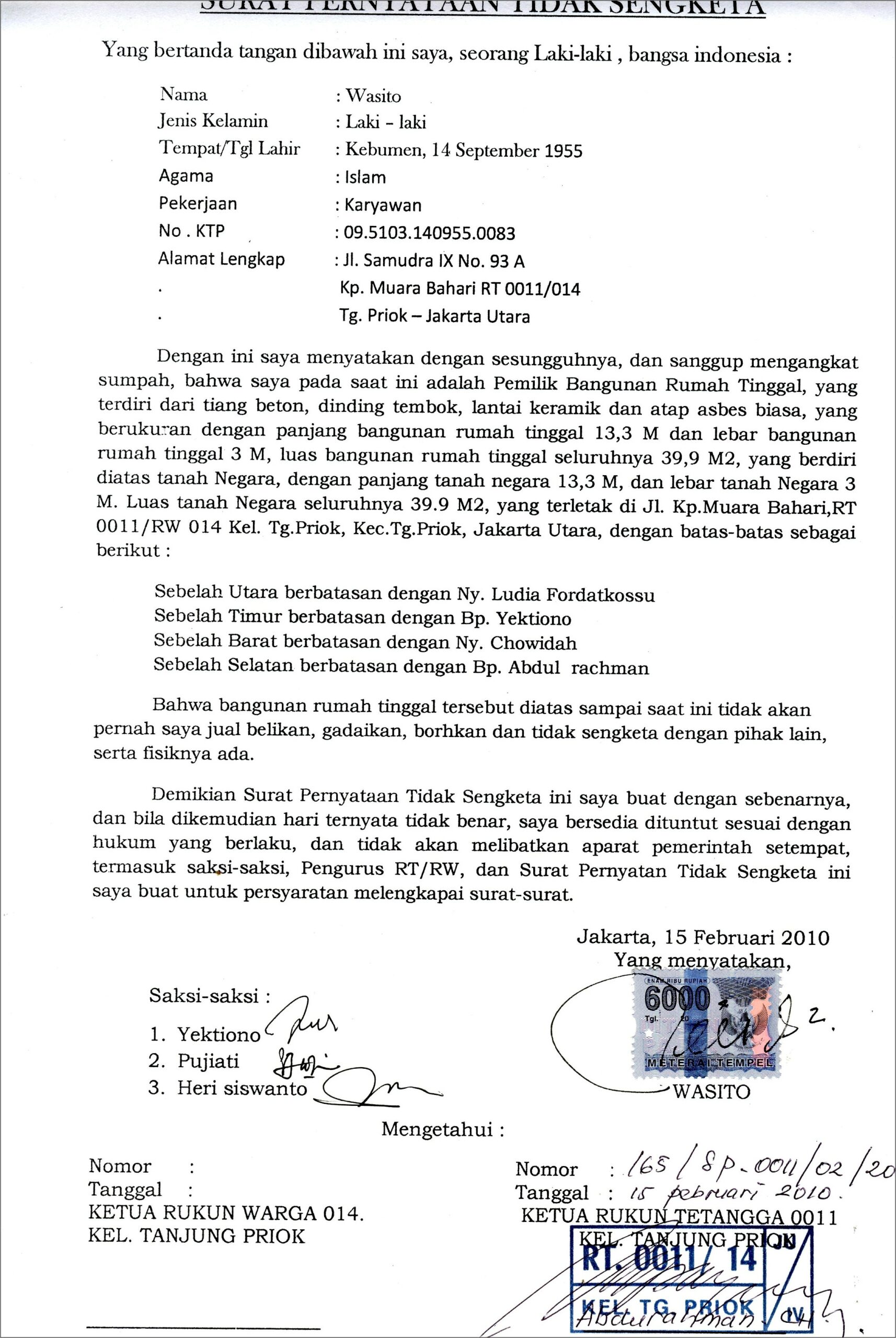 Contoh Surat Pernyataan Tanah Tidak Dalam Agunan