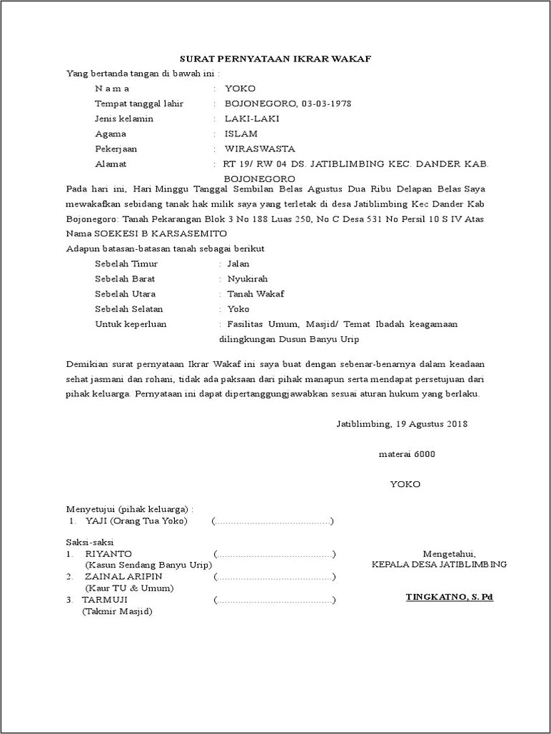 Contoh Surat Pernyataan Tanah Wakaf Gampong Untuk Jalan