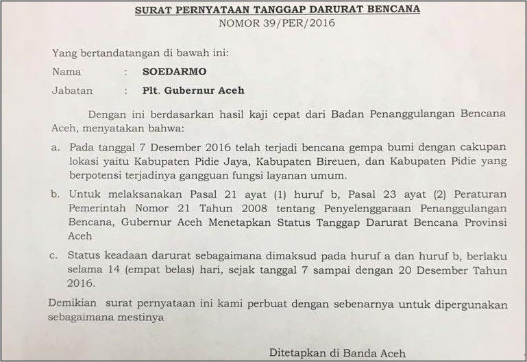 Contoh Surat Pernyataan Tanggap Darurat Bencana Kekeringan