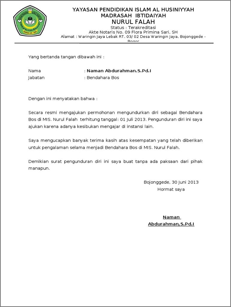 Contoh Surat Pernyataan Tanggung Jawab Bendahara