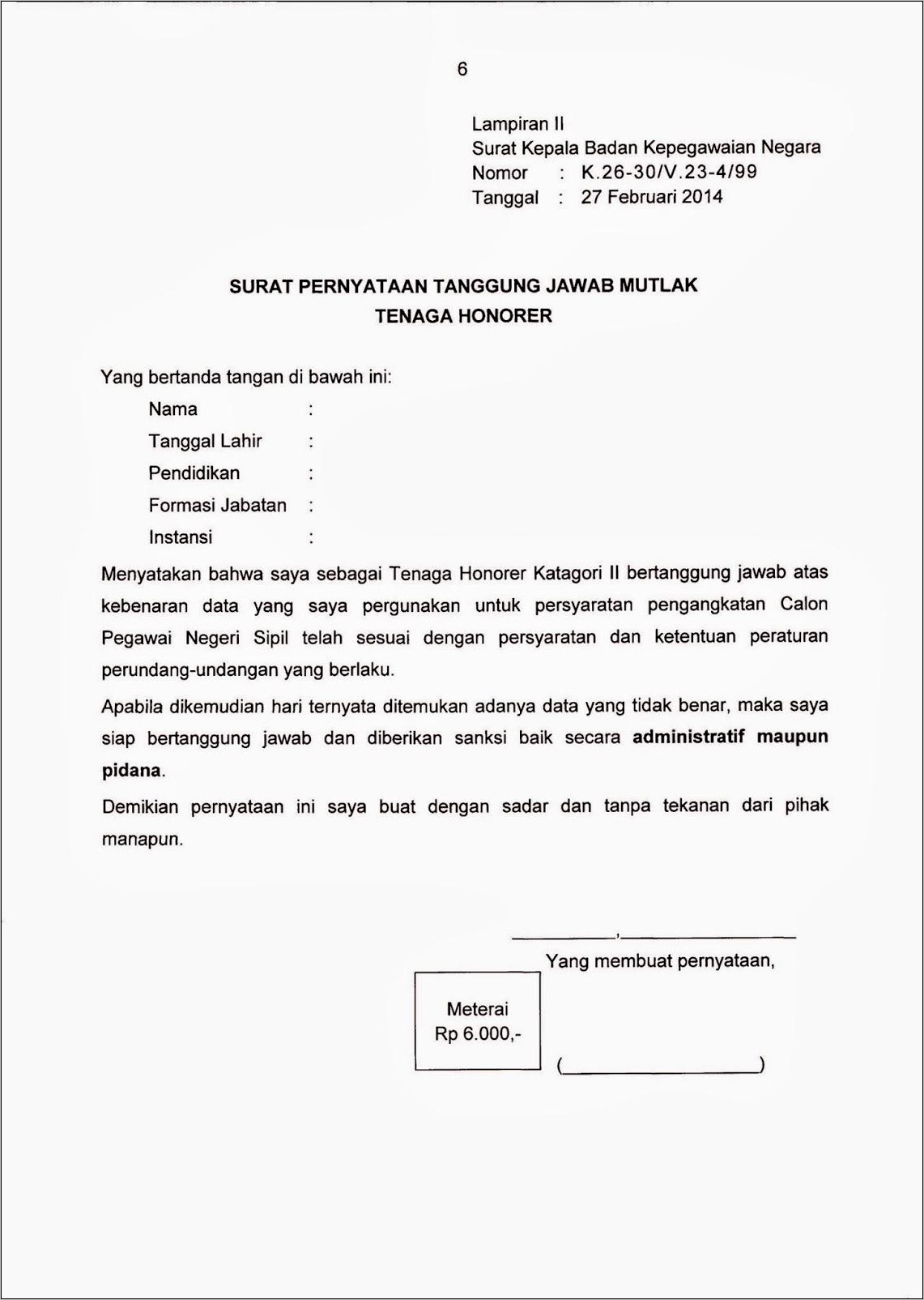 Contoh Surat Pernyataan Tanggung Jawab Mutlak Pembayaran Gaji Masuk Rekening