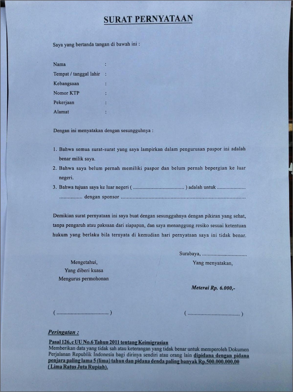 Contoh Surat Pernyataan Tarik Paspor Dari Embassy