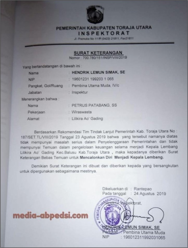 Contoh Surat Pernyataan Temuan Inspektorat