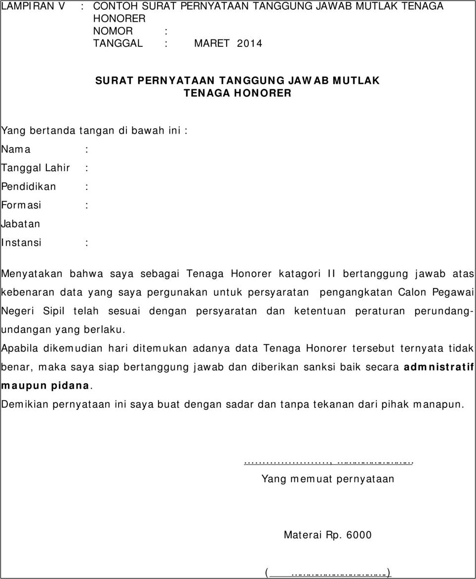 Contoh Surat Pernyataan Tenaga Honorer