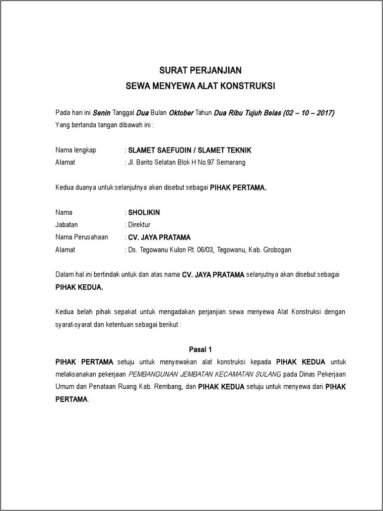 Contoh Surat Pernyataan Tentang Sewa