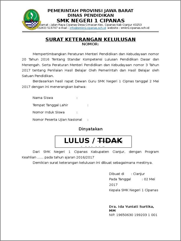 Contoh Surat Pernyataan Tentang Standart Kelulusan Bermaterai