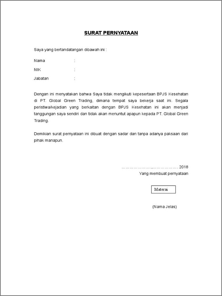 Contoh Surat Pernyataan Tidak Akan Menuntut Jabatan