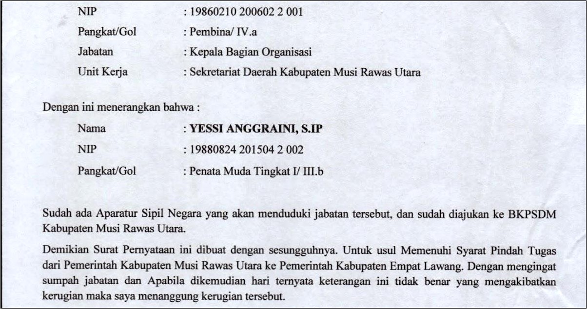 Contoh Surat Pernyataan Tidak Akan Mutasi