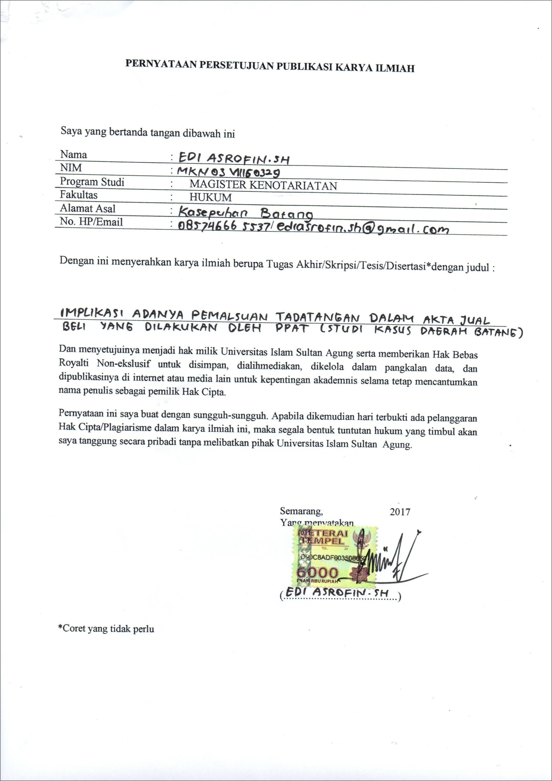 Contoh Surat Pernyataan Tidak Akan Pemalsuan Data