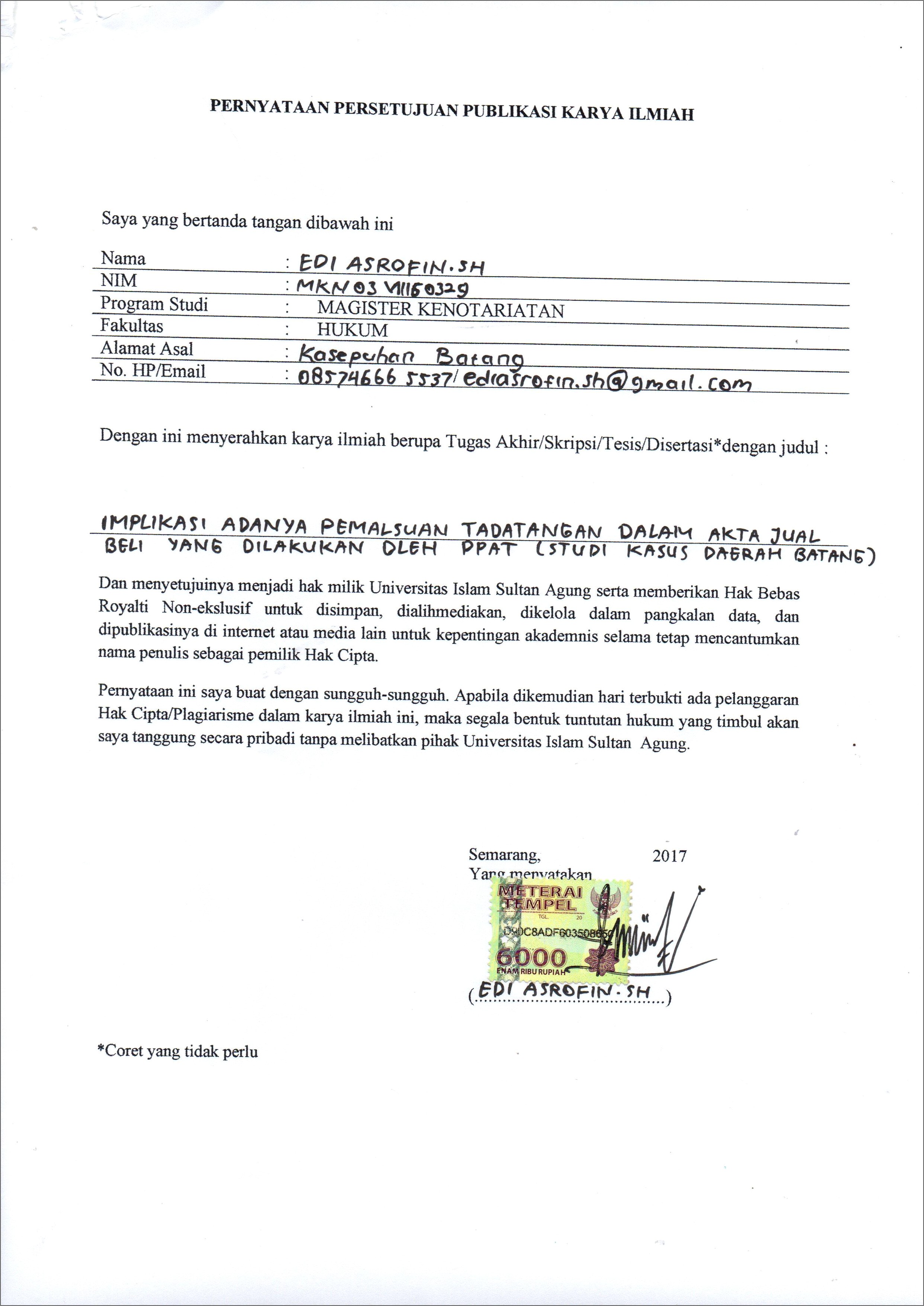 Contoh Surat Pernyataan Tidak Akan Pemalsuan Data