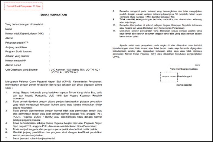 Contoh Surat Pernyataan Tidak Akan Pindah Tugas Selama 20 Tahun