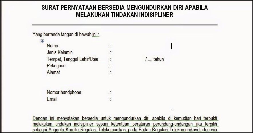 Contoh Surat Pernyataan Tidak Bersedia Mengikuti Peraturan