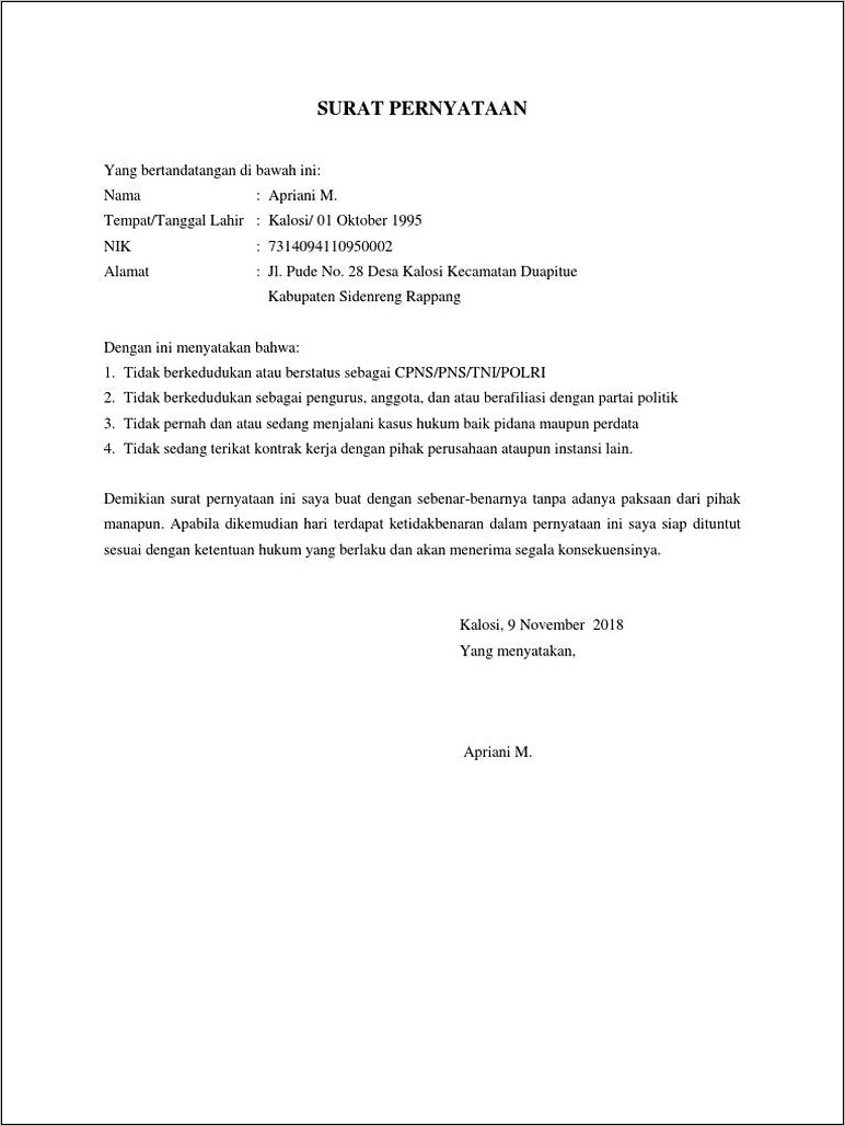 Contoh Surat Pernyataan Tidak Bersetatus Menjadi Pns