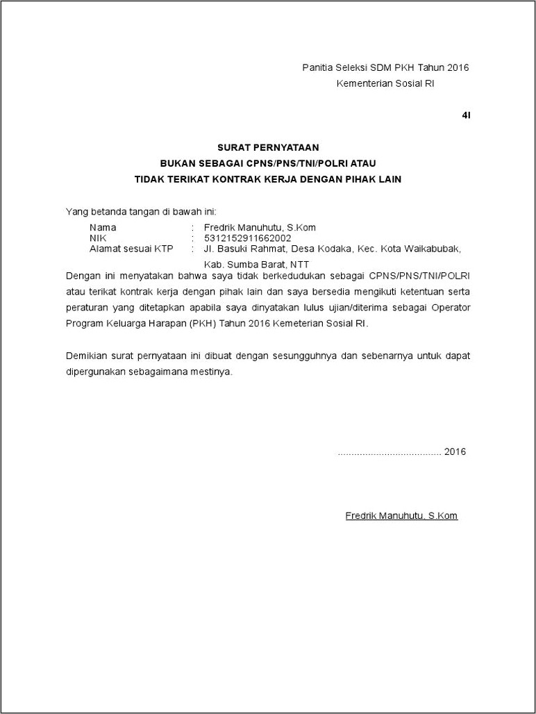 Contoh Surat Pernyataan Tidak Berstatus Sebagai Pns Tni Polri