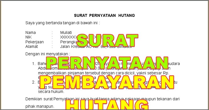 Contoh Surat Pernyataan Tidak Bisa Bayar Hutang