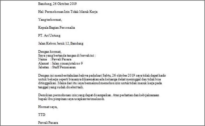 Contoh Surat Pernyataan Tidak Bisa Training