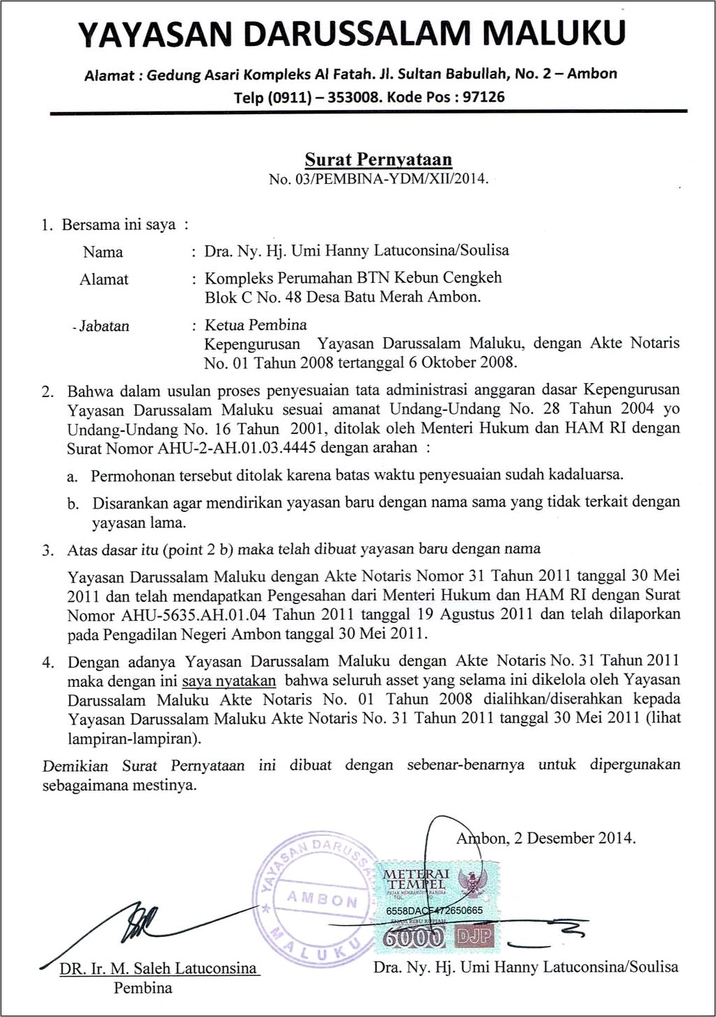 Contoh Surat Pernyataan Tidak Dalam Sengketa Dengan Yayasan