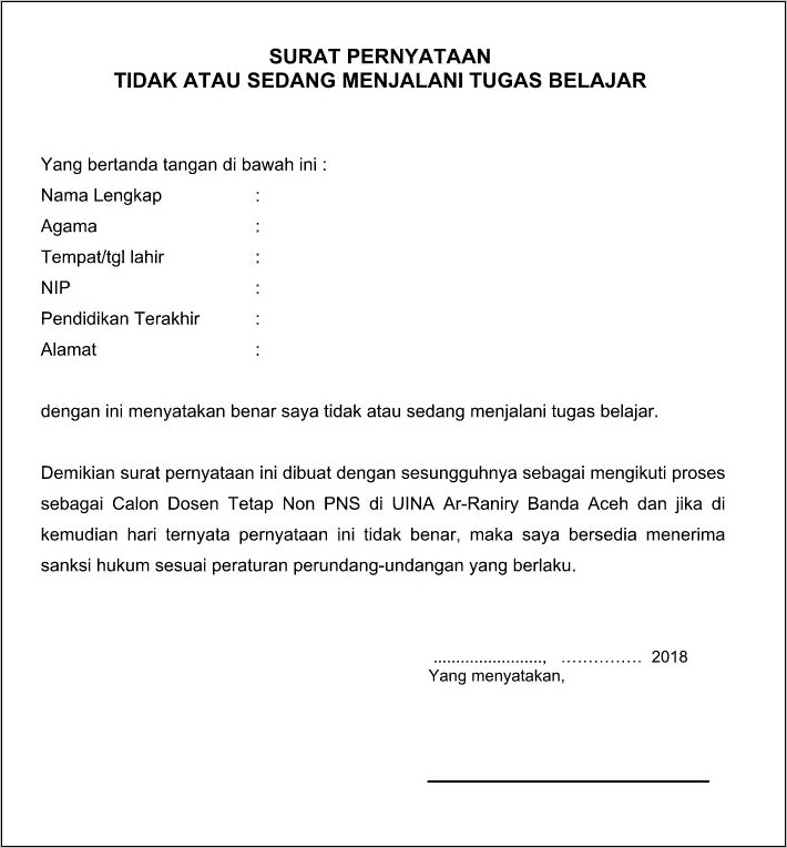 Contoh Surat Pernyataan Tidak Dalam Tugas Belajar