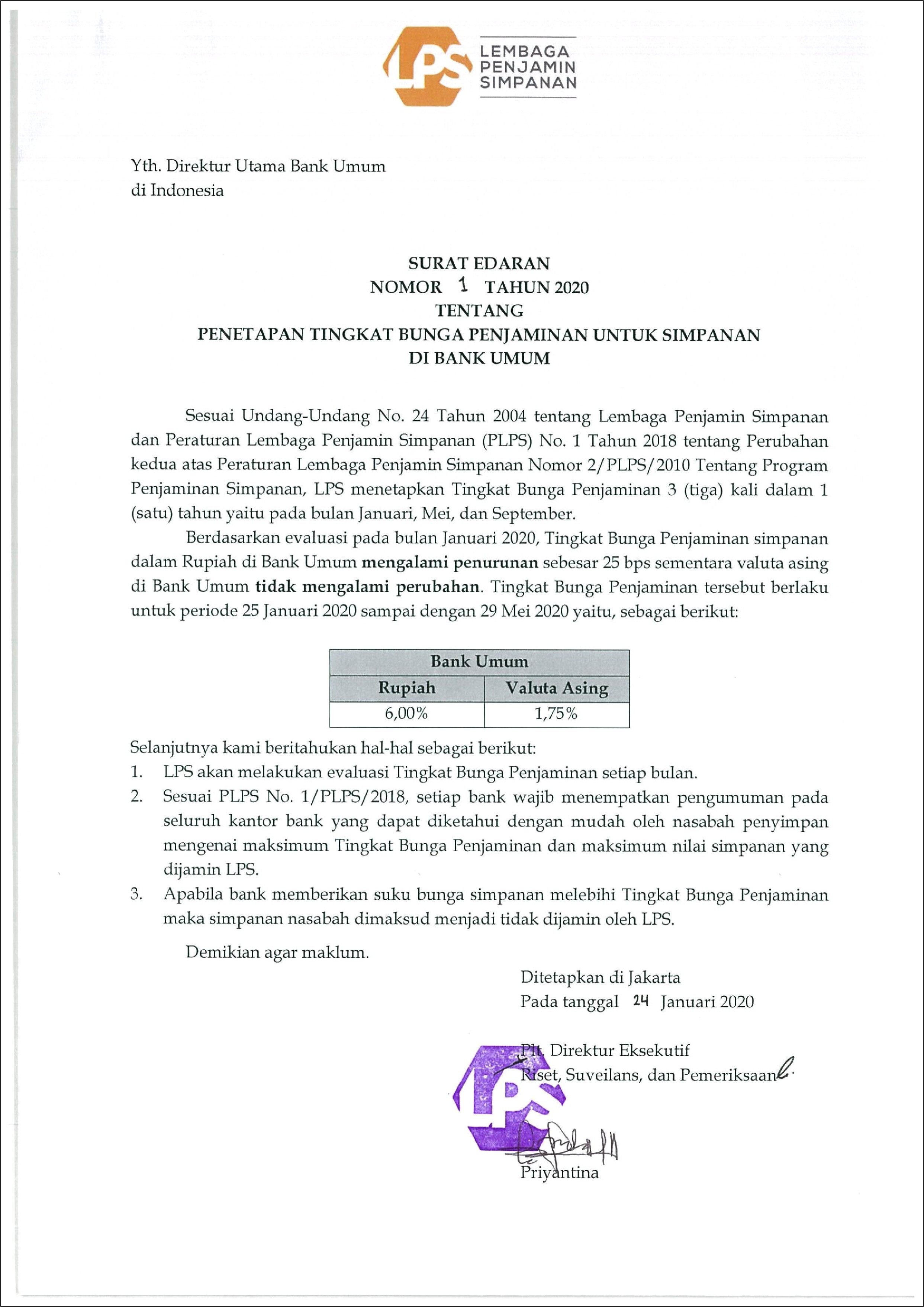 Contoh Surat Pernyataan Tidak Dijamin Lps