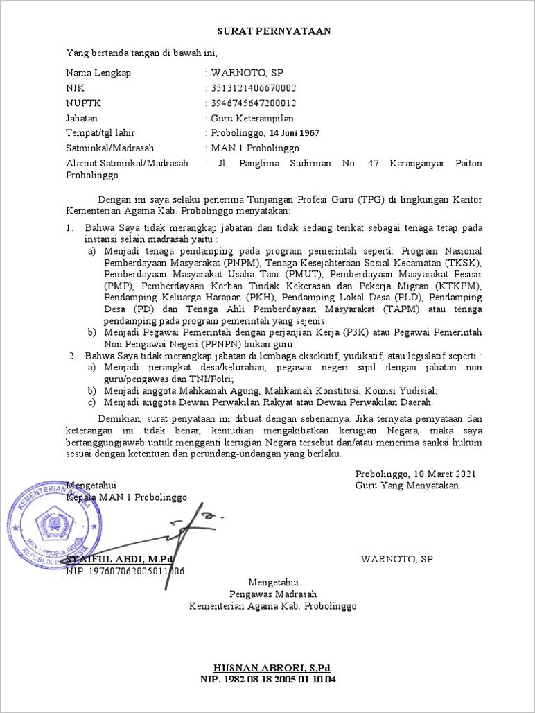 Contoh Surat Pernyataan Tidak Double Job