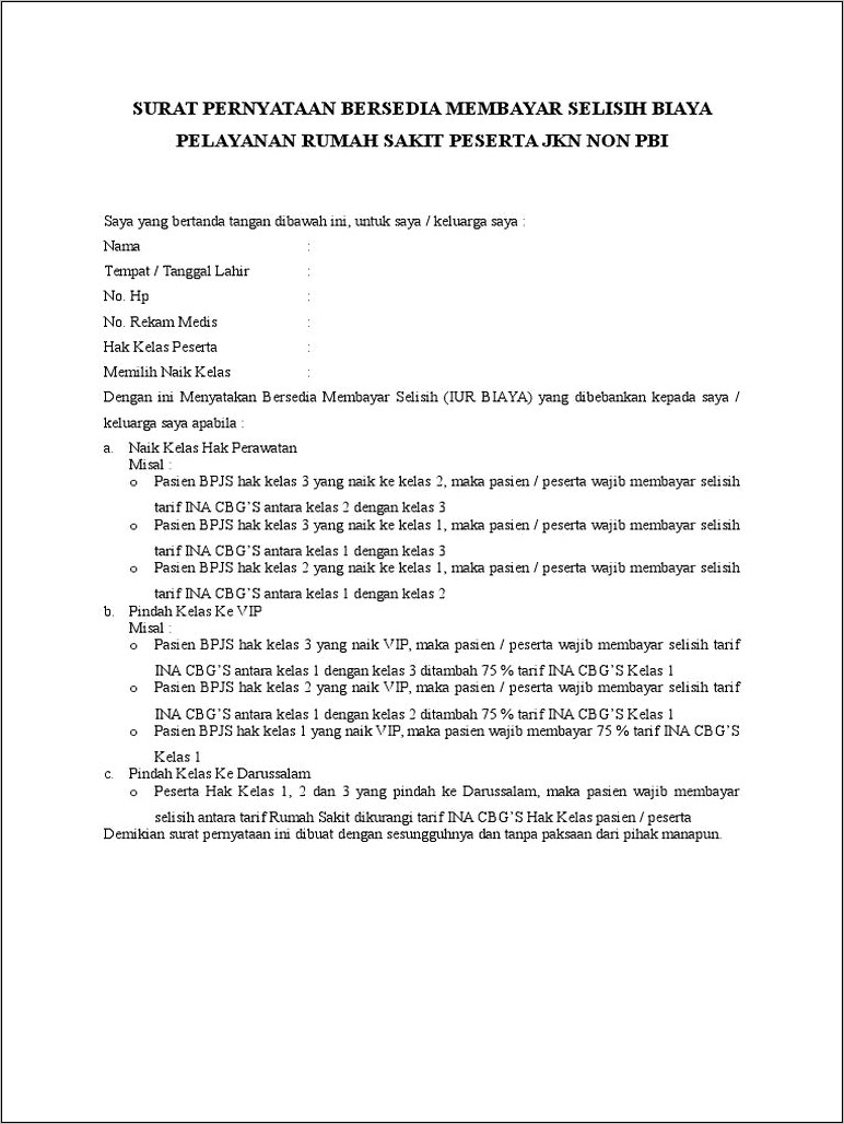 Contoh Surat Pernyataan Tidak Mampu Bayar Bpjs