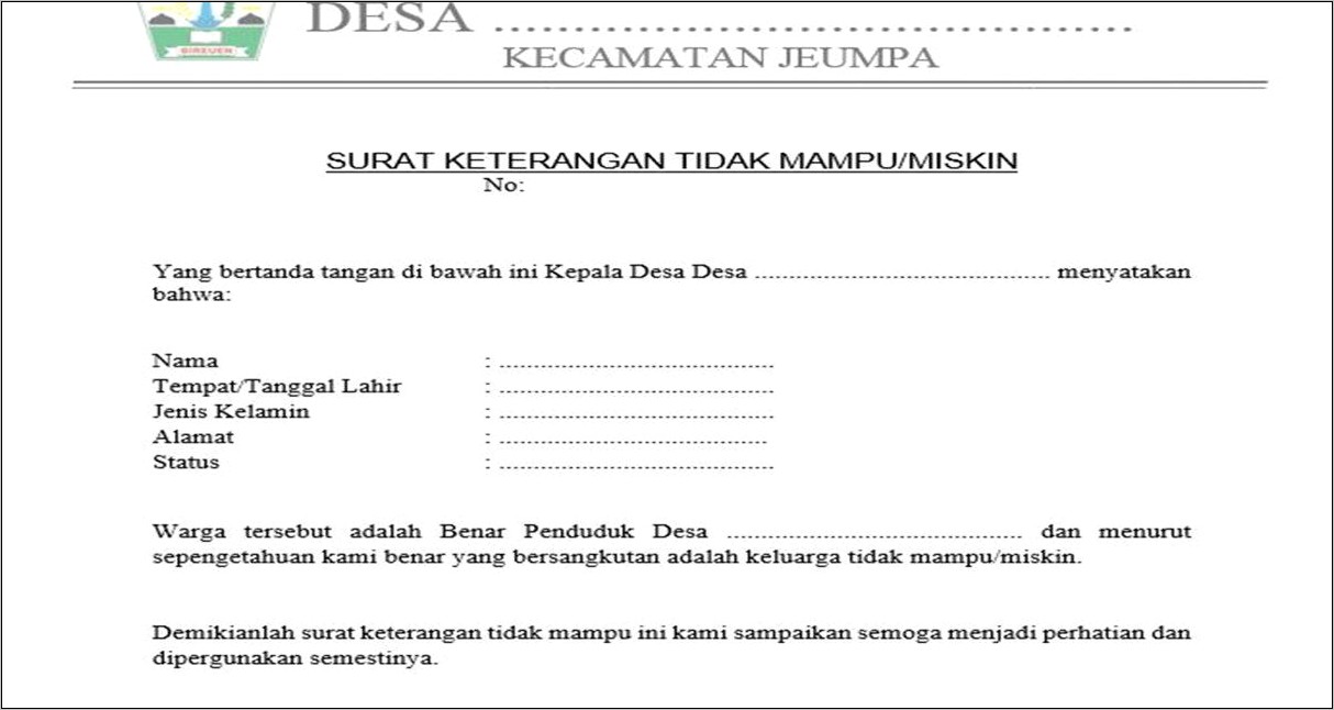 Contoh Surat Pernyataan Tidak Mampu Kepala Keluarga Dari Kepala Keluarga