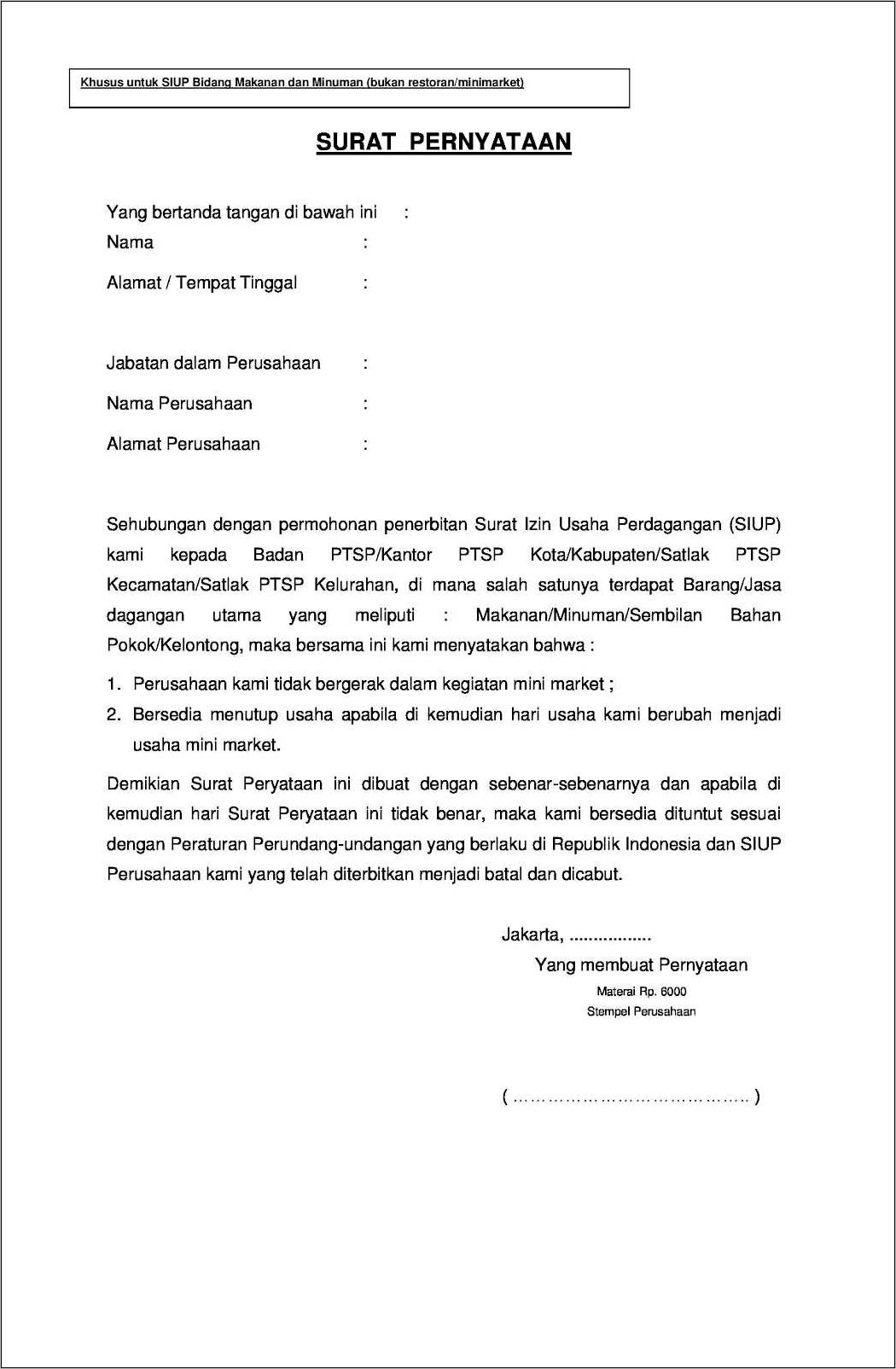 Contoh Surat Pernyataan Tidak Melakukan Kegiatan Usaha