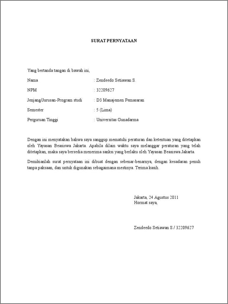 Contoh Surat Pernyataan Tidak Memakai Transaksi Kartu Kredit