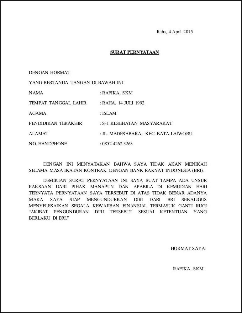 Contoh Surat Pernyataan Tidak Memiliki Hubungan Keluarga Bri