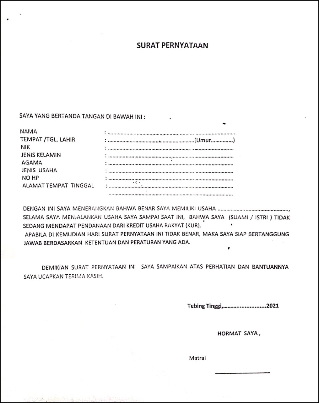 Contoh Surat Pernyataan Tidak Memperoleh Bantuan Dari Instansi Lain