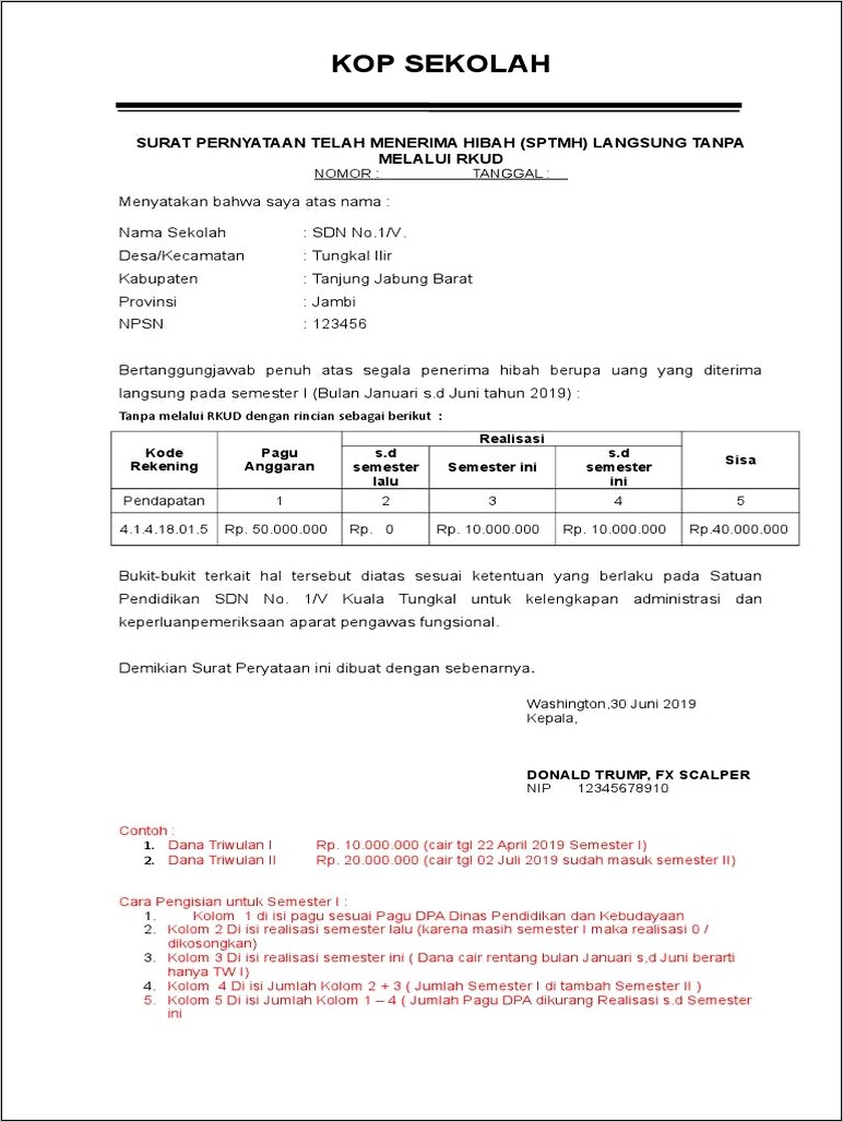 Contoh Surat Pernyataan Tidak Menerima Dana Bos