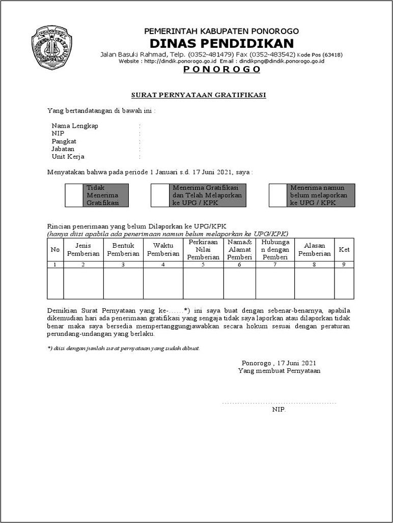 Contoh Surat Pernyataan Tidak Menerima Gratifikasi