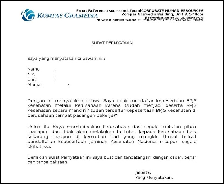 Contoh Surat Pernyataan Tidak Mengikuti Asuransi Lain