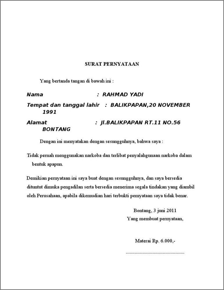 Contoh Surat Pernyataan Tidak Mengonsumsi Narkoba