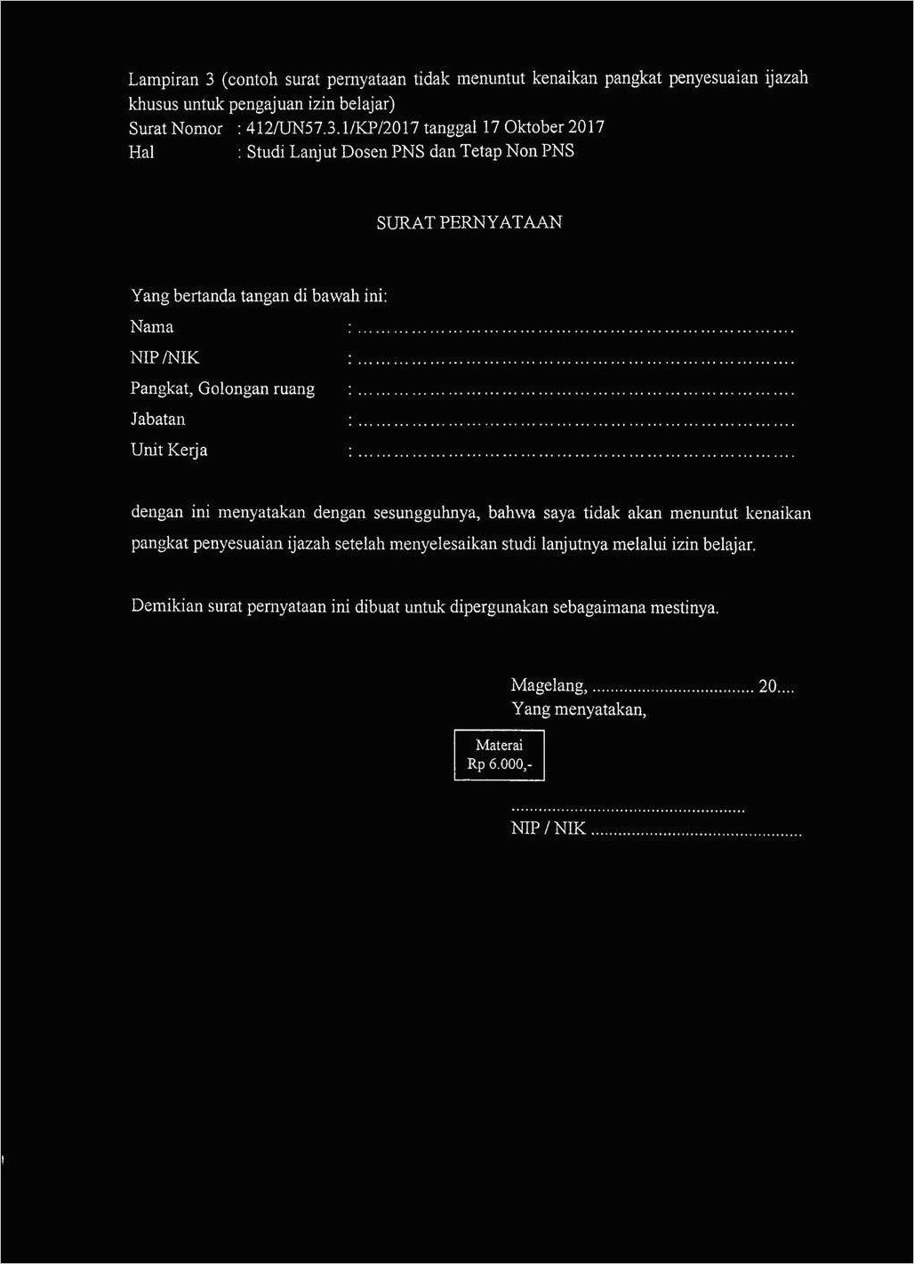 Contoh Surat Pernyataan Tidak Menuntut Penyusuaian Ijazah