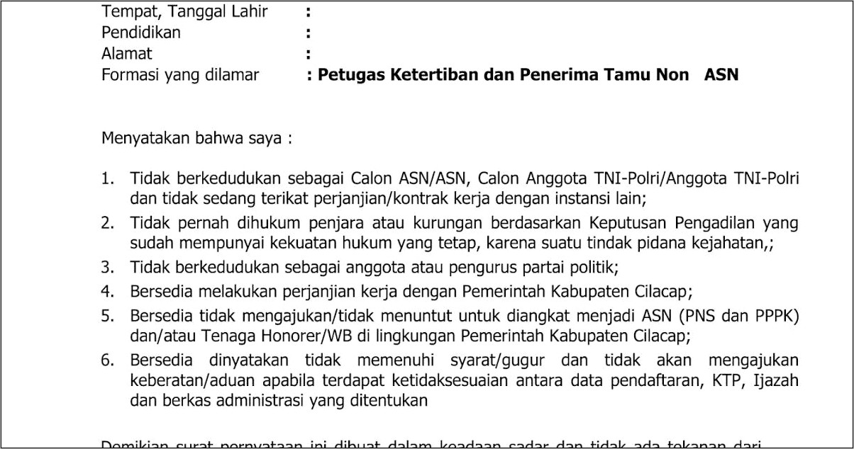 Contoh Surat Pernyataan Tidak Menuntut Pns Dan P3k