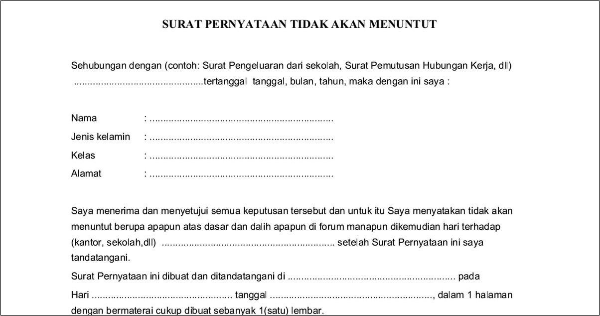 Contoh Surat Pernyataan Tidak Menuntut Untuk Diangkat Menjadi Pns