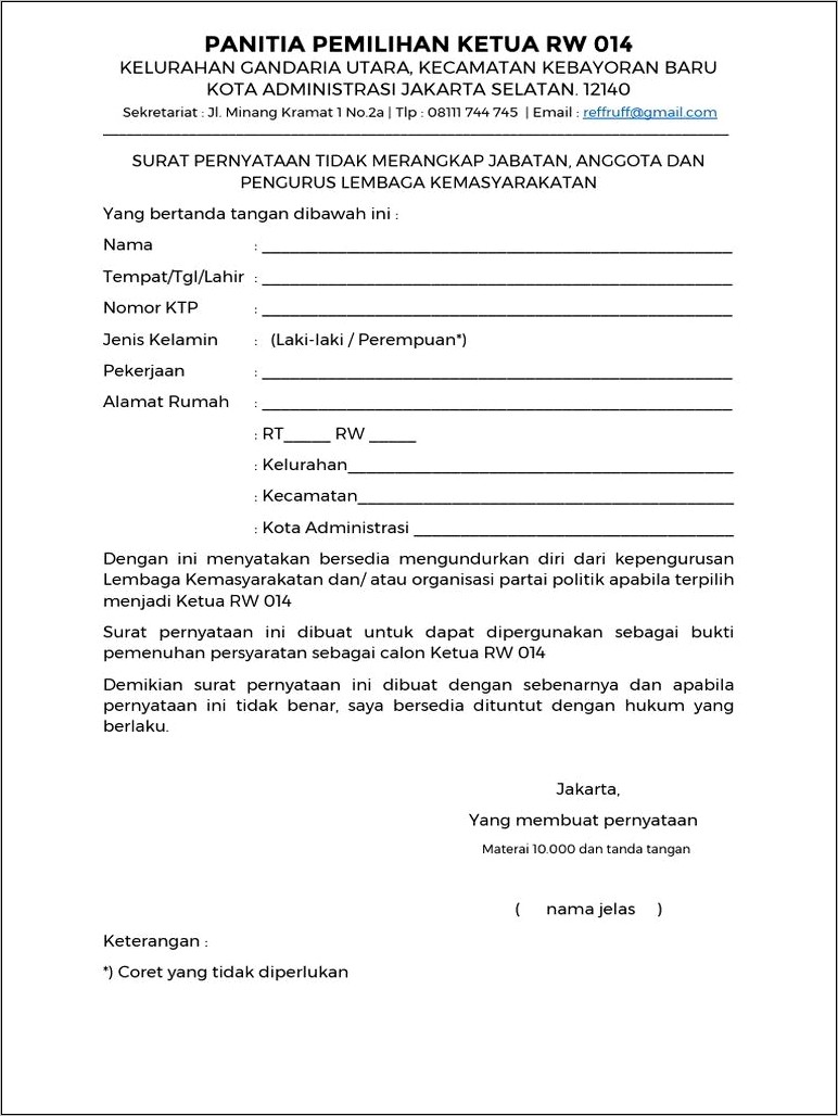 Contoh Surat Pernyataan Tidak Merangkap Jabatan Ombudsman