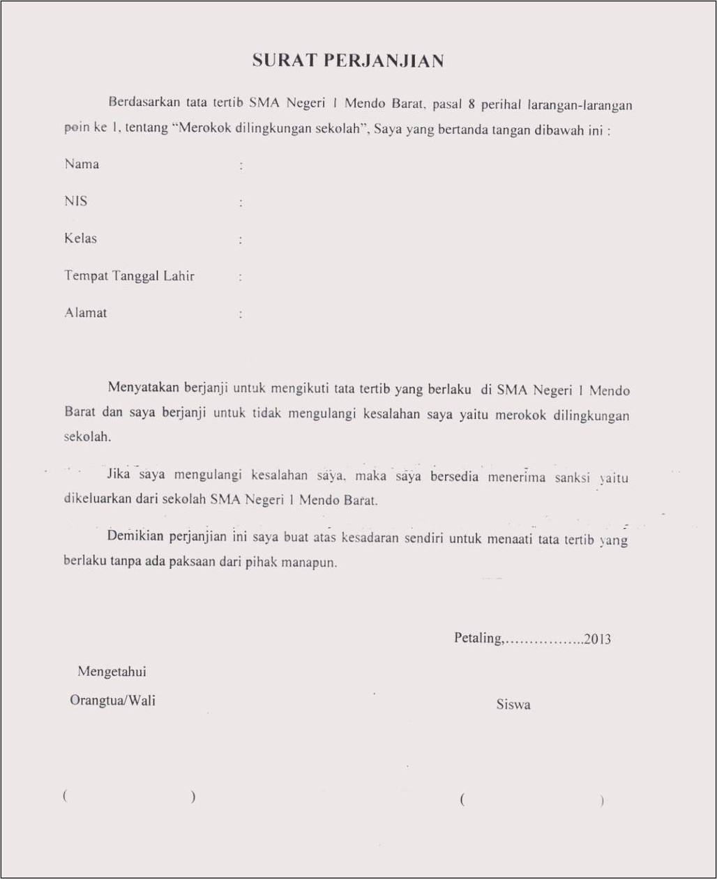 Contoh Surat Pernyataan Tidak Merokok Siswa