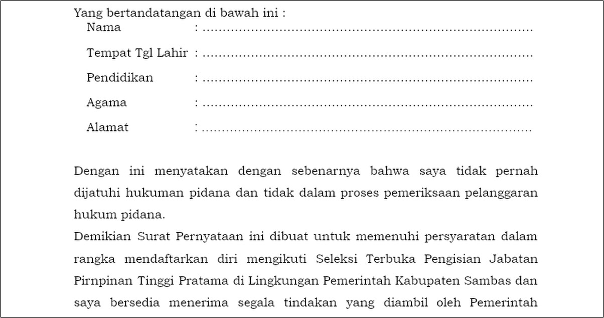 Contoh Surat Pernyataan Tidak Perna Dijatuhi Pidana