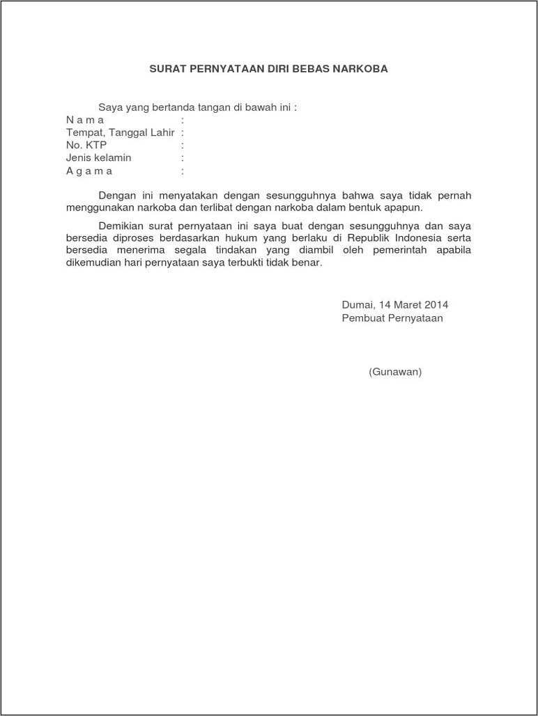 Contoh Surat Pernyataan Tidak Perna Terlibat Napza