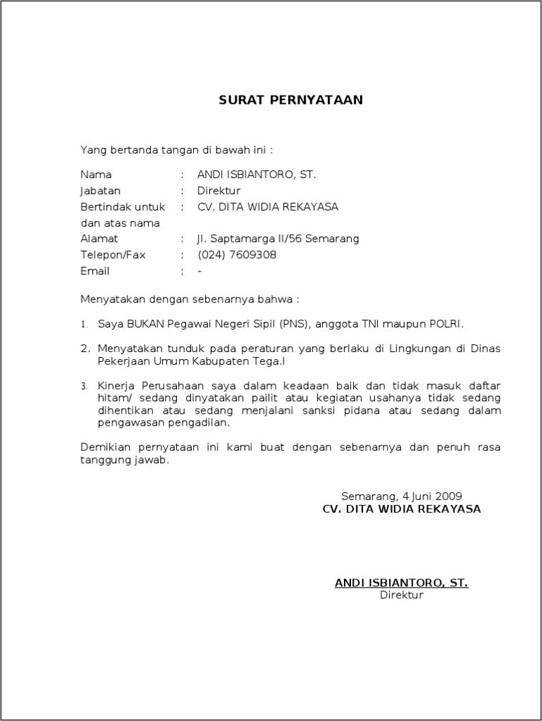 Contoh Surat Pernyataan Tidak Pernah Dihukum Dengan Kekuatan Hukum Tetap