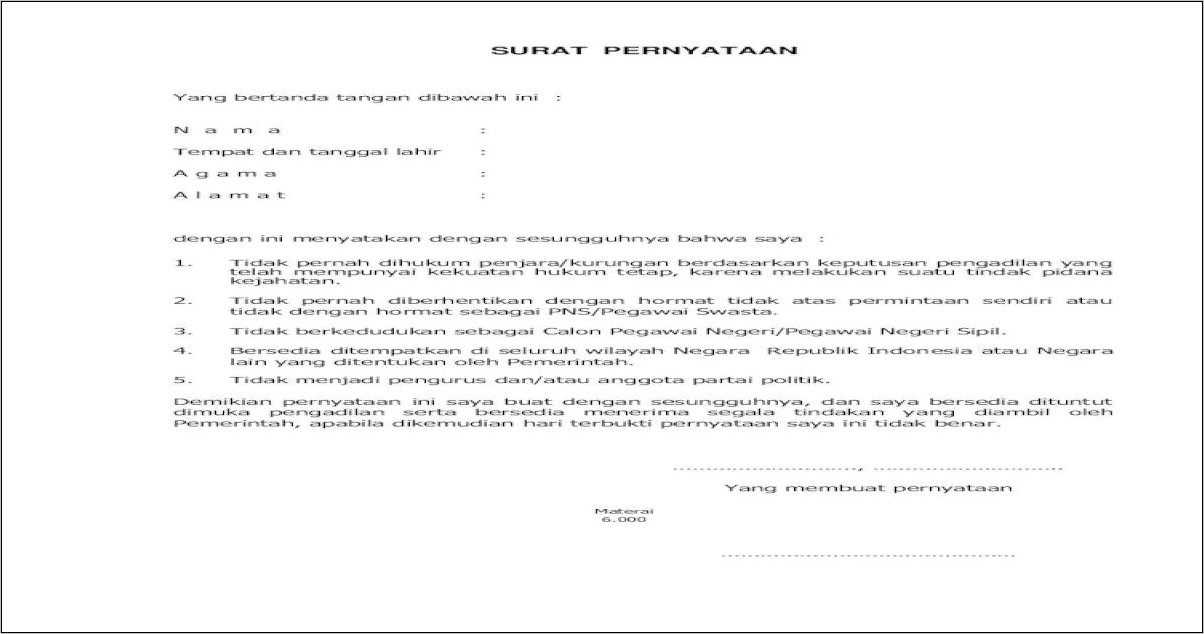 Contoh Surat Pernyataan Tidak Pernah Dihukum Disiplin Untuk Pns