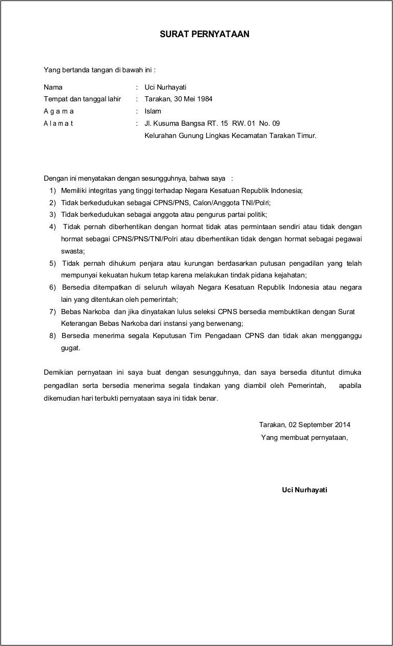 Contoh Surat Pernyataan Tidak Pernah Dihukum Penjara Untuk Cpns 2019