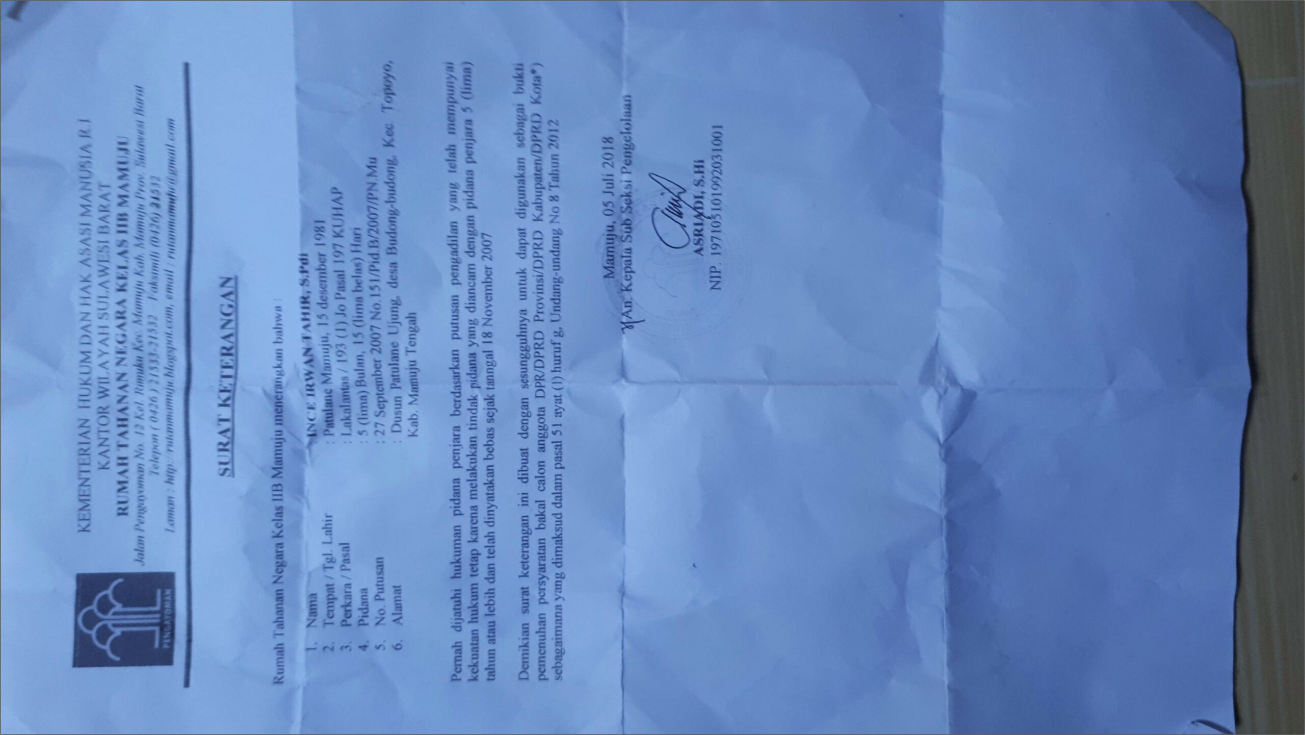 Contoh Surat Pernyataan Tidak Pernah Dijatuhi Pidana