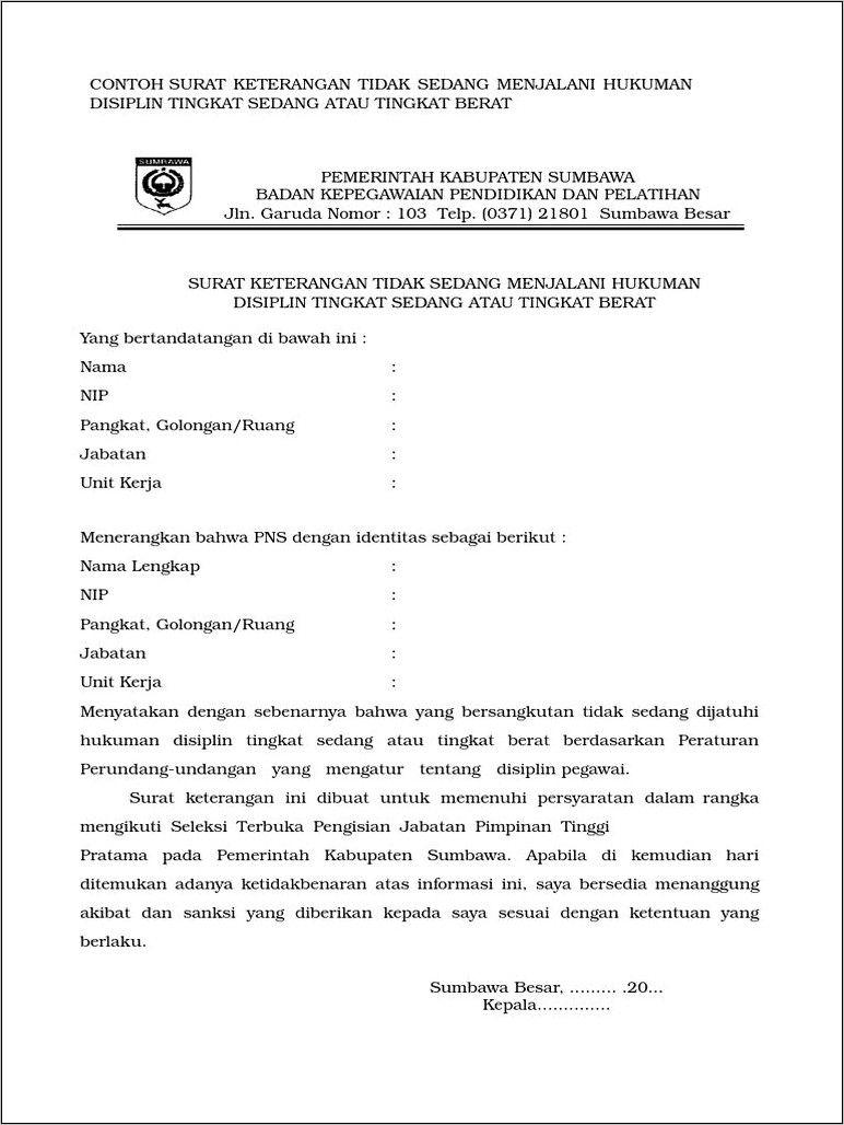 Contoh Surat Pernyataan Tidak Pernah Dijatuhi Sanksi Disiplin Pegawai