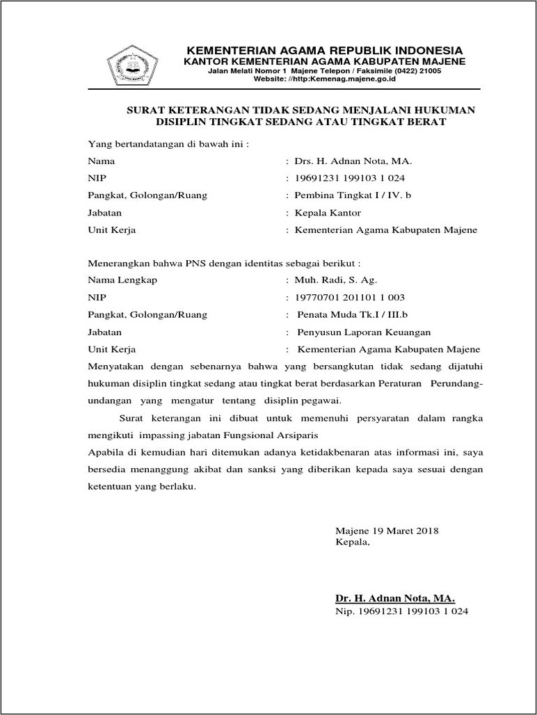 Contoh Surat Pernyataan Tidak Pernah Dikenakan Hukum Disiplin