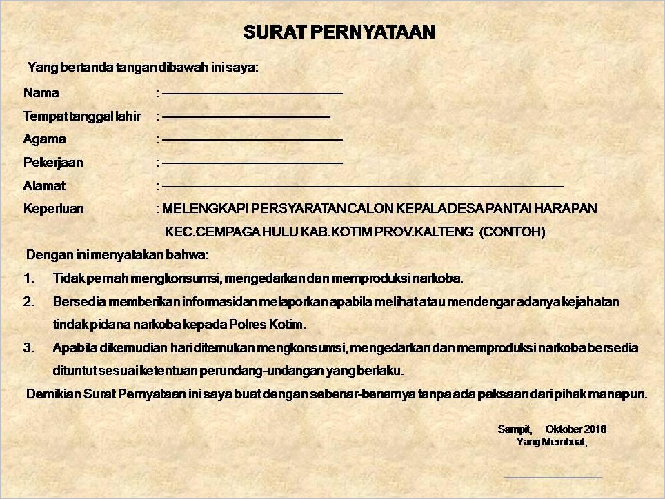 Contoh Surat Pernyataan Tidak Pernah Terlibat Narkoba