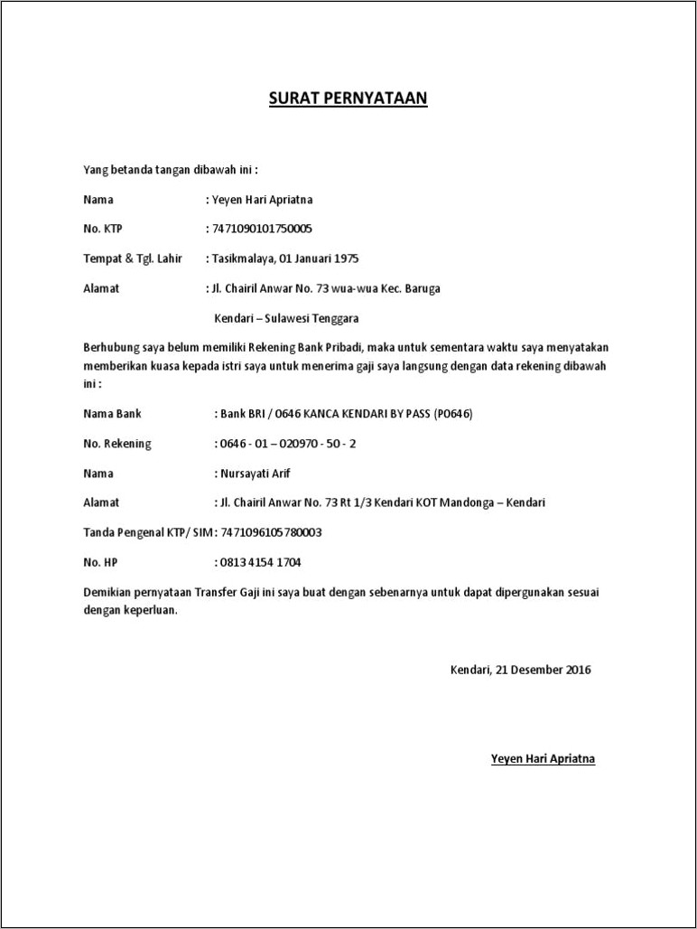 Contoh Surat Pernyataan Tidak Pindah Payroll